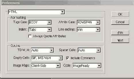 Диалоговое окно Preferences раздел HTML